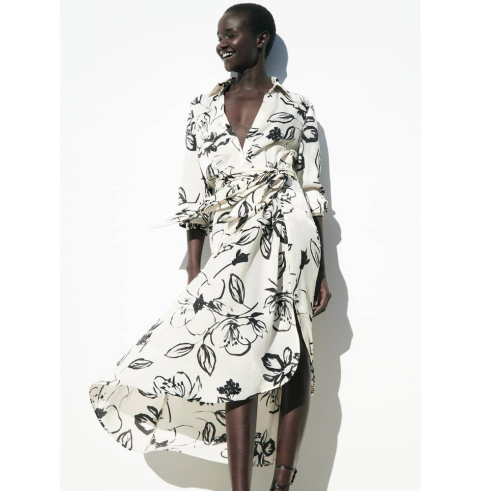 Zara Printed Shirt Dress Black /Ecru -size M